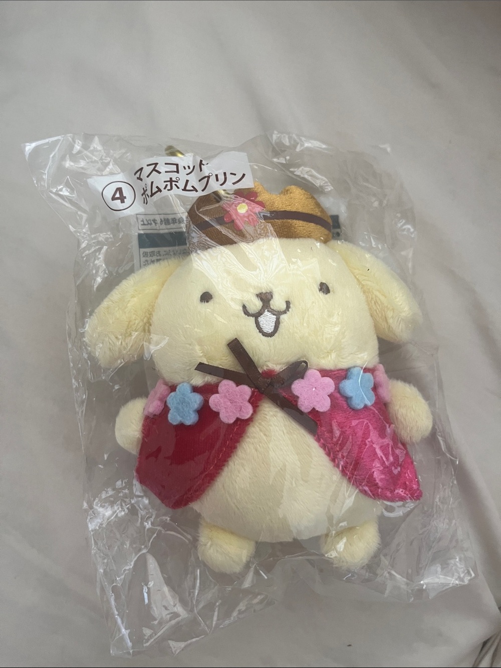 Sanrio Pompompurin Plush in Cream, Red, Brown with Pink & Blue Flowers